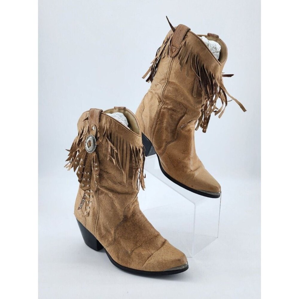 Dingo Women's Pull On Fringe Studded Western Cowgirl Boots Tan Leather Size 6.5M